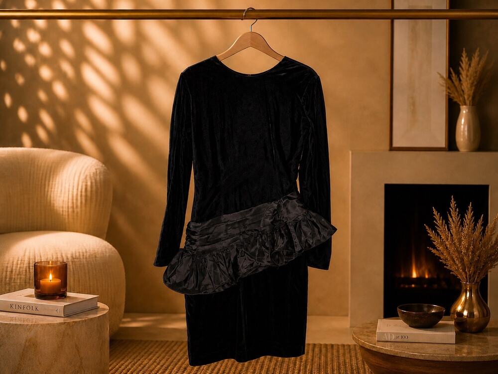 Tadashi Shoji Black Velvet Taffeta Y2K Vintage Waist Ruffles & Bow Retro Dress